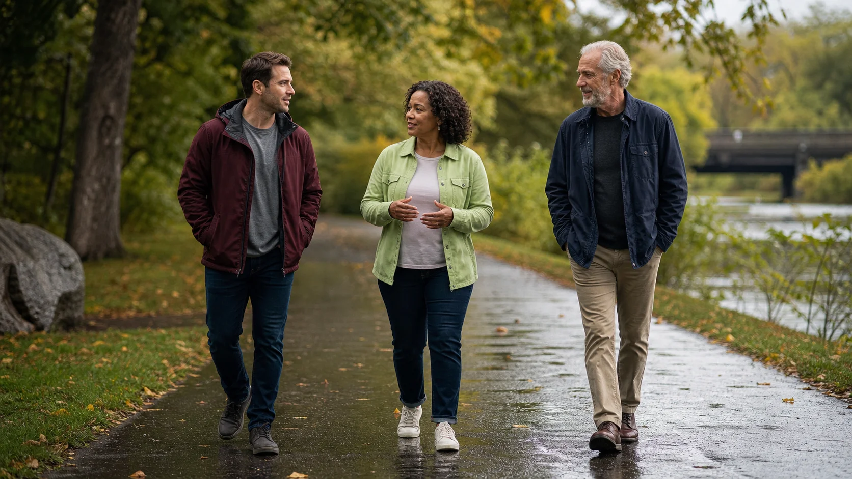 Three hopeful adults walking together while considering candidacy for TMS therapy