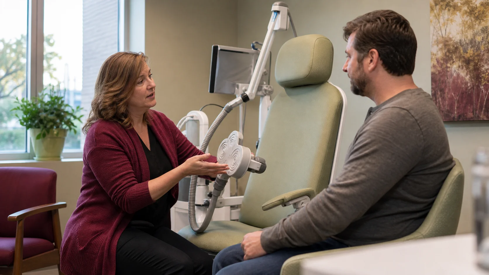 Clinician explaining the TMS chair and coil before a first TMS appointment