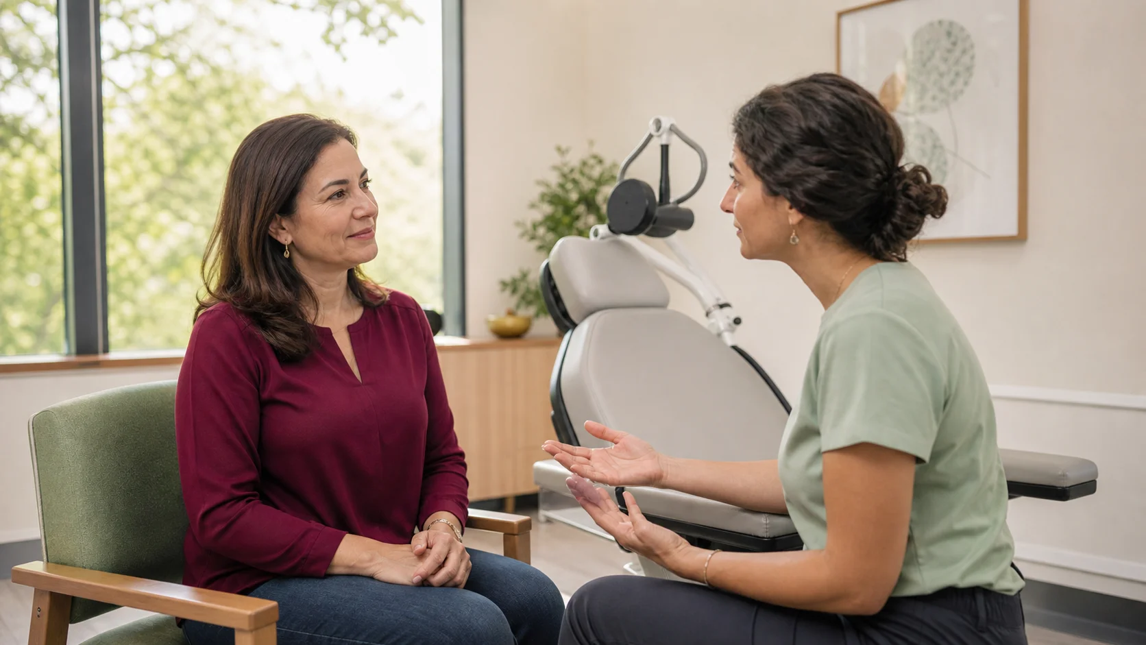 Patient discussing TMS side effects and safety with a compassionate clinician